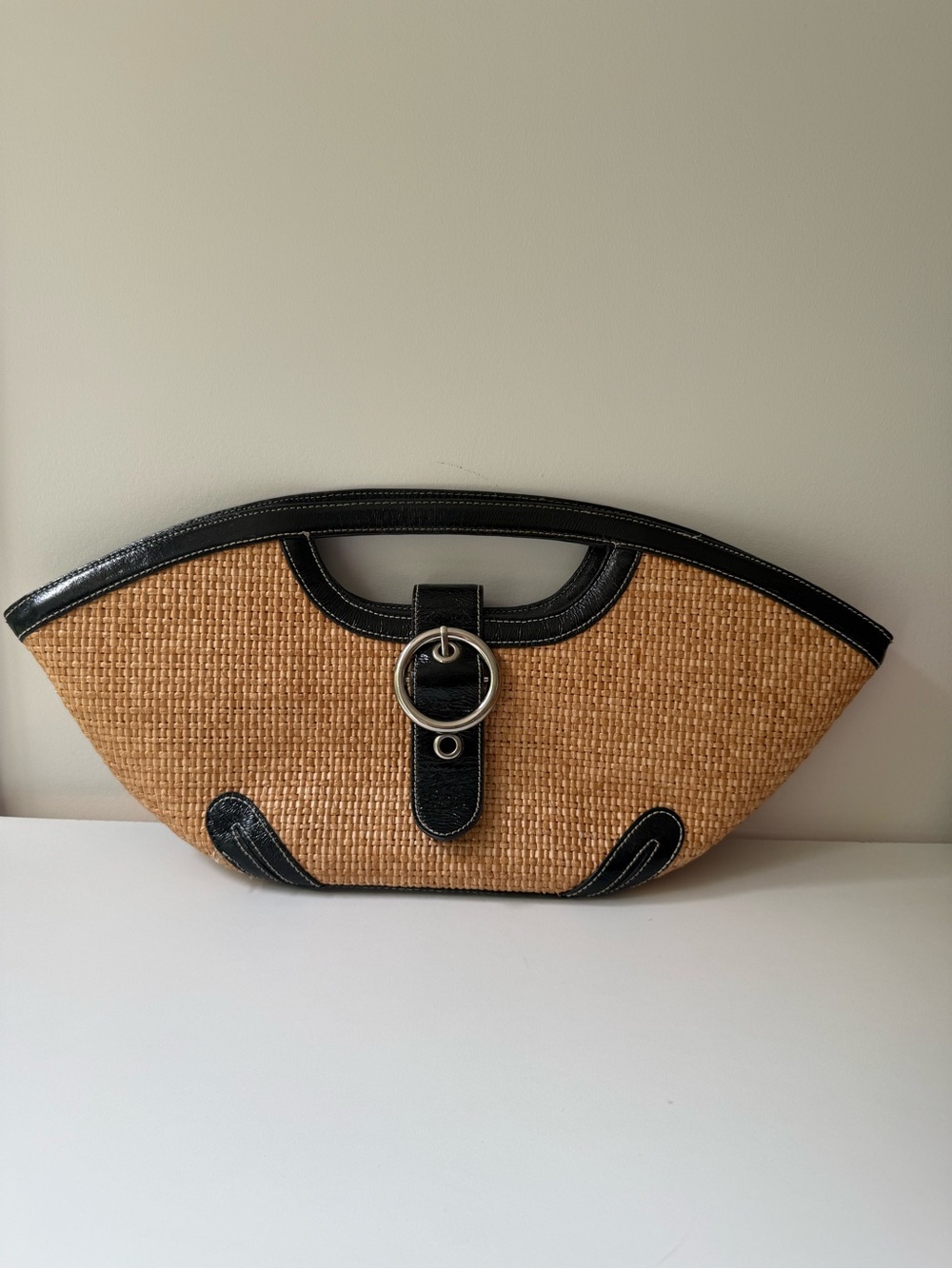 Woven Straw Clutch with Black Trim and Silver Ring